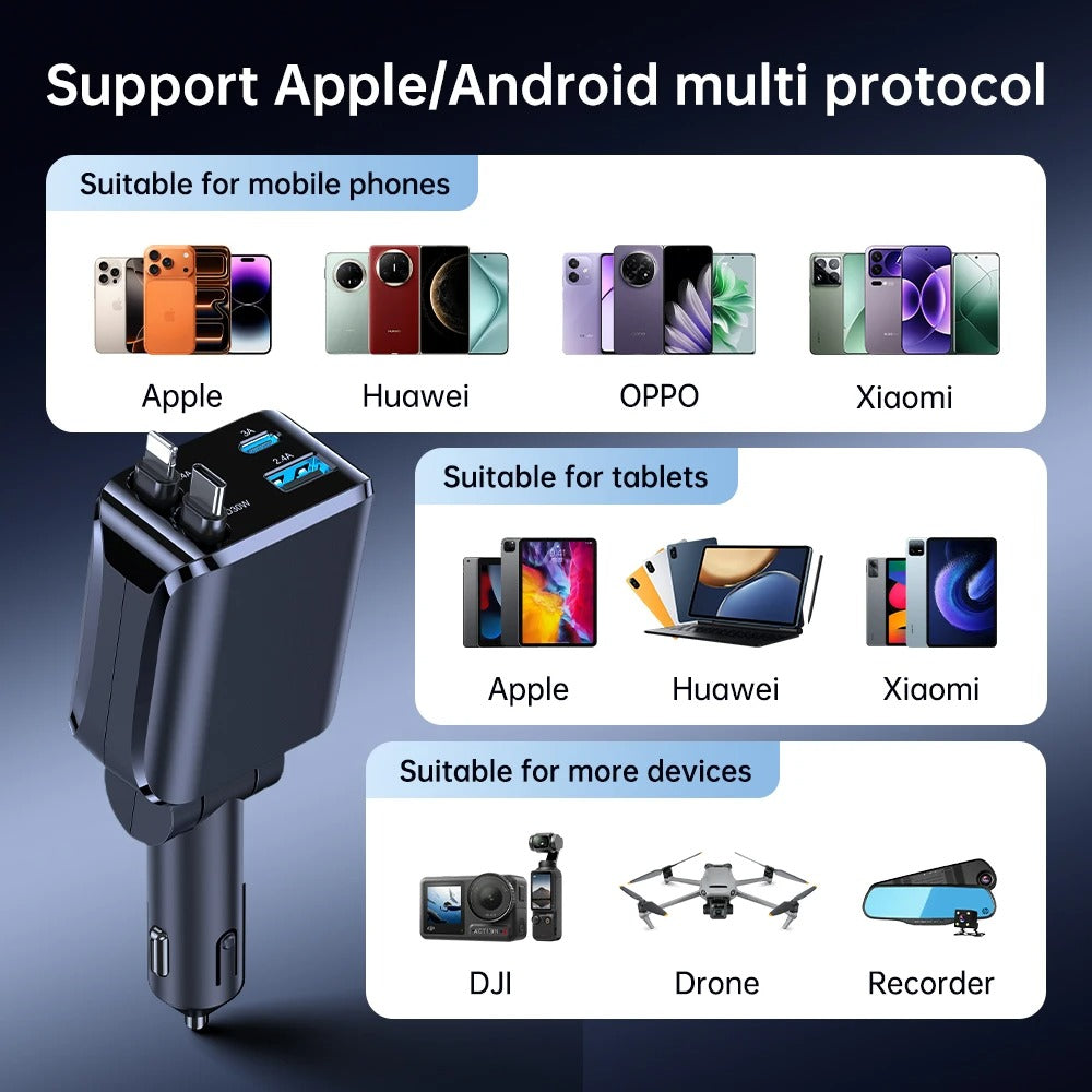4-in-1 Retractable Car Charger โ Fast Charging Cable Organizer for All Devices