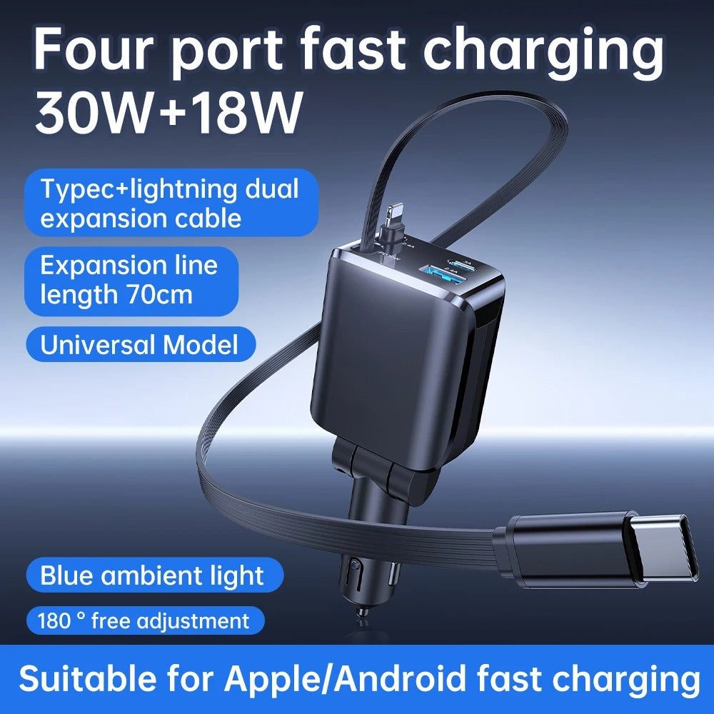 4-in-1 Retractable Car Charger – Fast Charging Cable Organizer for All Devices